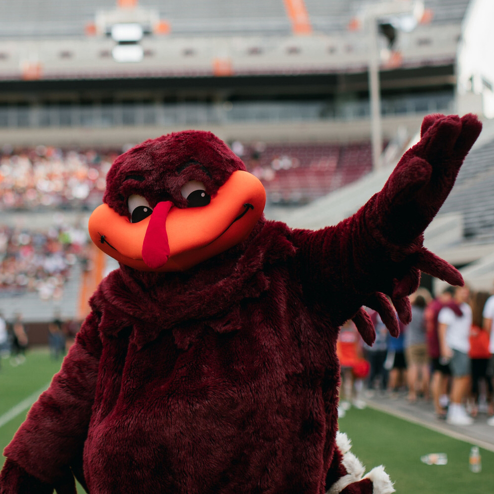 the Hokie Bird waving at the camera